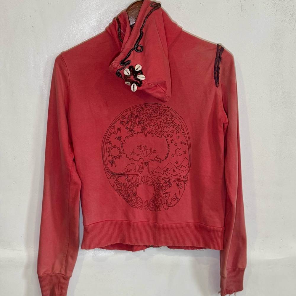 Vintage Free People Tree of Life Coral Embroidered Zip-Up Hoodie